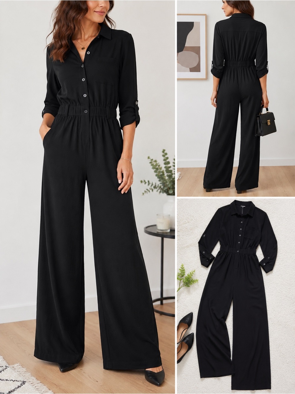 LOFT Black Wide Leg Jumpsuit Size 2 Button Front Roll Tab Sleeves